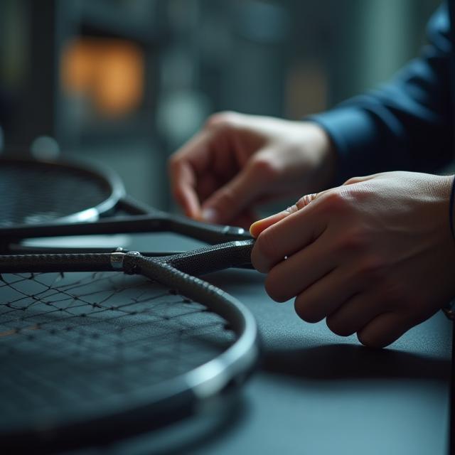 Engineer adjusting prototype of custom carbon fibre racquet